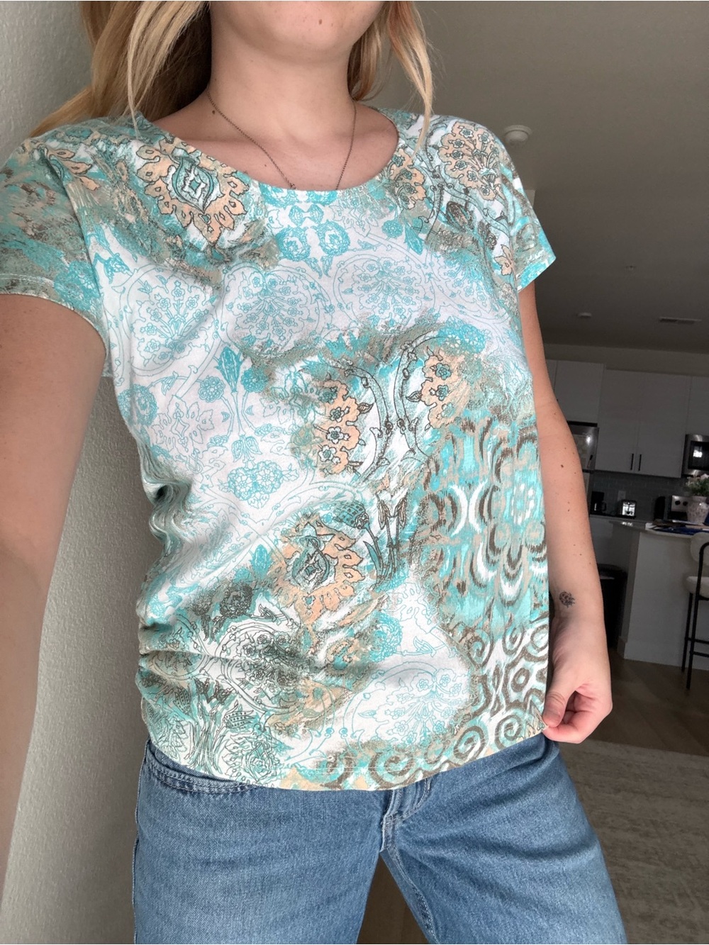 Chico's Short Sleeve Printed Tee in Aqua, Cream & Tan